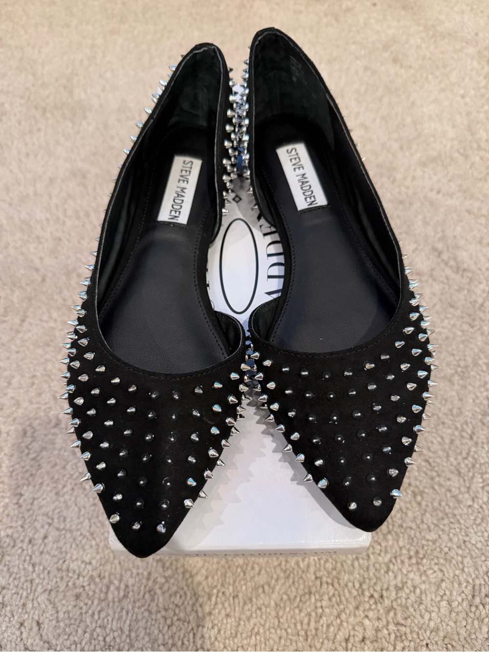 Steve Madden Black Pointed- Toe Studded Ballet Flats